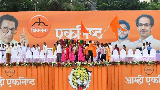 Mumbai, India - October 05, 2022: Shiv Sena's Dussehra rally led by Shiv Sena chief Uddhav Thackeray at Shivaji Park, Dadar, in Mumbai, India, on Wednesday, October 05, 2022. (Photo by Bhushan Koyande/HT Photo) (HT PHOTO) Mumbai, India - October 05, 2022: Shiv Sena's Dussehra rally led by Shiv Sena chief Uddhav Thackeray at Shivaji Park, Dadar, in Mumbai, India, on Wednesday, October 05, 2022. (Photo by Bhushan Koyande/HT Photo) (HT PHOTO)
