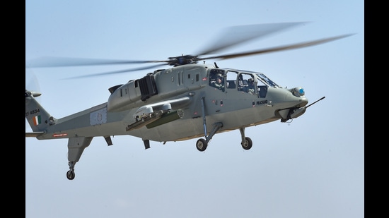 Union defence minister Rajnath Singh during a sortie in the newly inducted indigenously built Light Combat Helicopter (LCH) "Prachand", Jodhpur, October.3, 2022 (PTI) Union defence minister Rajnath Singh during a sortie in the newly inducted indigenously built Light Combat Helicopter (LCH) "Prachand", Jodhpur, October.3, 2022 (PTI)