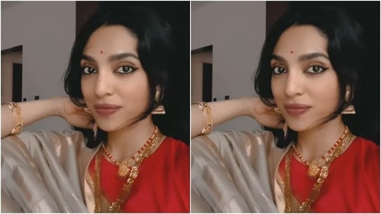 Sobhita Dhulipala also wished her Instagram family with a video of herself decked up in a silver saree and a bright red blouse.(Instagram/@sobhitad)