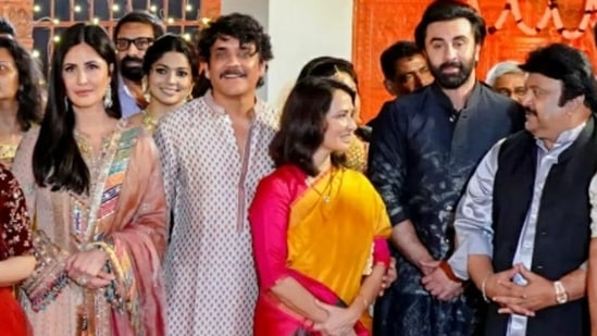 Ranbir Kapoor, Katrina Kaif, and Nagarjuna with other guests at Kalyanaraman family's Navratri party.