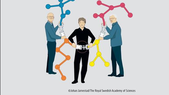 Barry Sharpless and Morten Meldal developed click chemistry; Carolyn R Bertozzi developed click reactions inside a living cell. (Johan Jarnestad/The Royal Swedish Academy of Sciences) Barry Sharpless and Morten Meldal developed click chemistry; Carolyn R Bertozzi developed click reactions inside a living cell. (Johan Jarnestad/The Royal Swedish Academy of Sciences)
