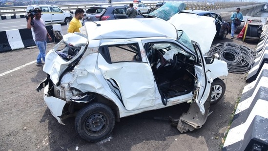 A car being driven at a high speed came and crashed into the ambulance and three more vehicles as well as the car that was involved in the previous crash.(Vijay Bate) A car being driven at a high speed came and crashed into the ambulance and three more vehicles as well as the car that was involved in the previous crash.(Vijay Bate)