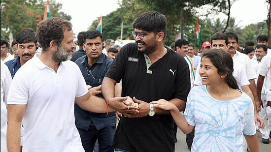 Congress leader Rahul Gandhi interacts with supporters during his party's Bharat Jodo Yatra, in Mysuru on Monday. (ANI) Congress leader Rahul Gandhi interacts with supporters during his party's Bharat Jodo Yatra, in Mysuru on Monday. (ANI)
