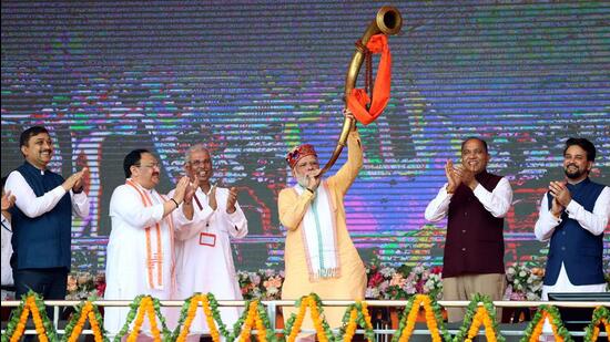 Prime Minister Narendra Modi at the foundation stone laying of multiple projects in Bilaspur on Wednesday. (PIB)