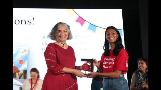 Samina Mishra with Neev Literature Festival Student Cochair Meher Bhunia. (Neev Literature Festival) Samina Mishra with Neev Literature Festival Student Cochair Meher Bhunia. (Neev Literature Festival)