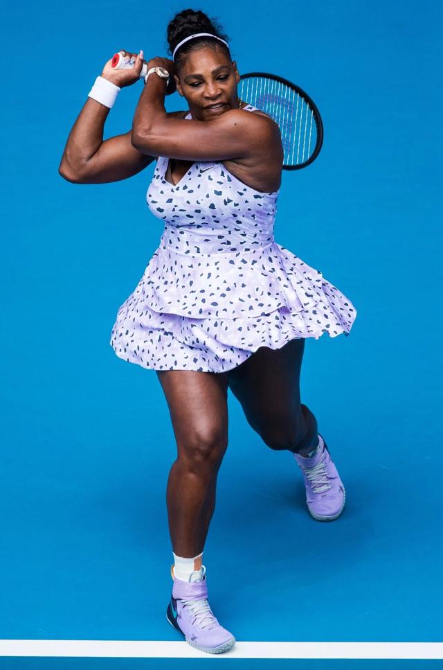 Serena chose a blackspotted lavender frilly tiered dress at the Australian Open 2020 in Melbourne (Photo: Twitter) Serena chose a blackspotted lavender frilly tiered dress at the Australian Open 2020 in Melbourne (Photo: Twitter)
