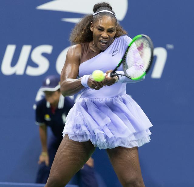 The tennis star returned to the court in a lavender tutu dress at the US Open 2018 after her postbirth look featuring a full-body catsuit was banned from the French Open (Photo: Shutterstock) The tennis star returned to the court in a lavender tutu dress at the US Open 2018 after her postbirth look featuring a full-body catsuit was banned from the French Open (Photo: Shutterstock)