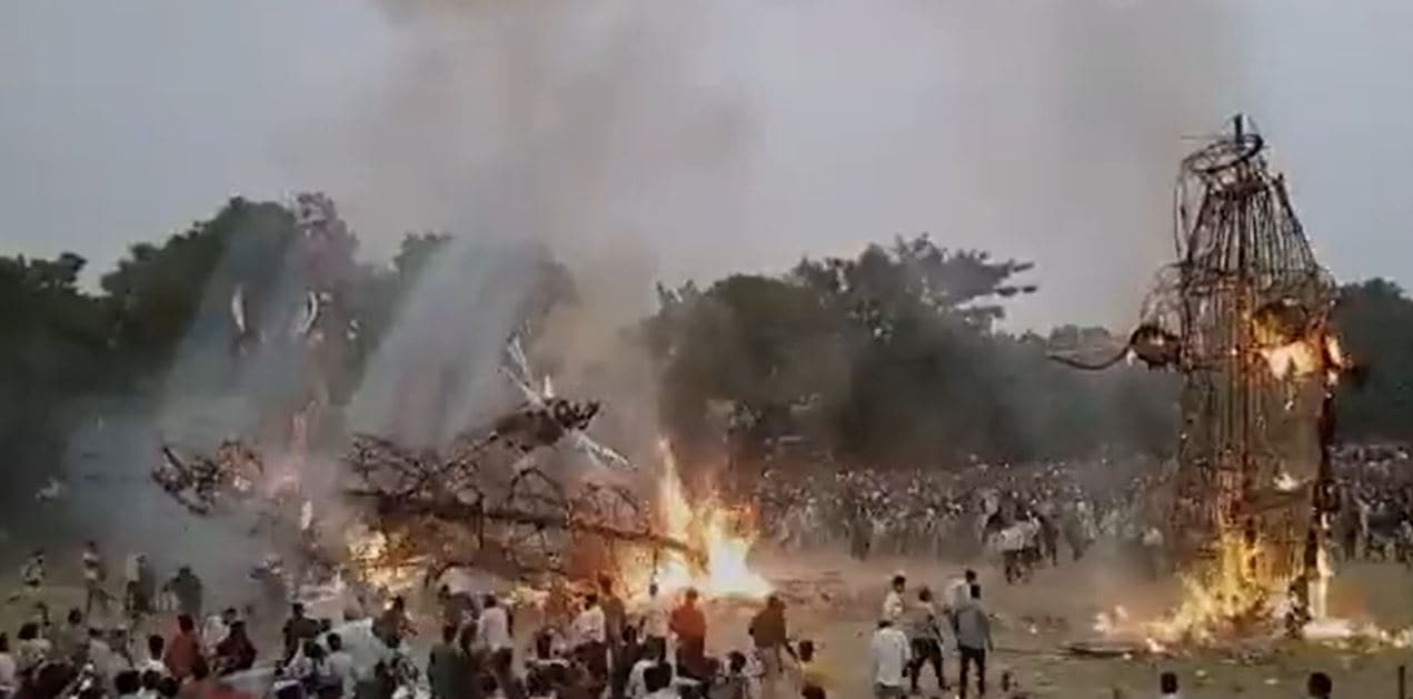 The incident happened during the Ravan Dahan event on the occasion of Dussehra in Haryana's Yamunanagar on Wednesday. (ANI Twitter)