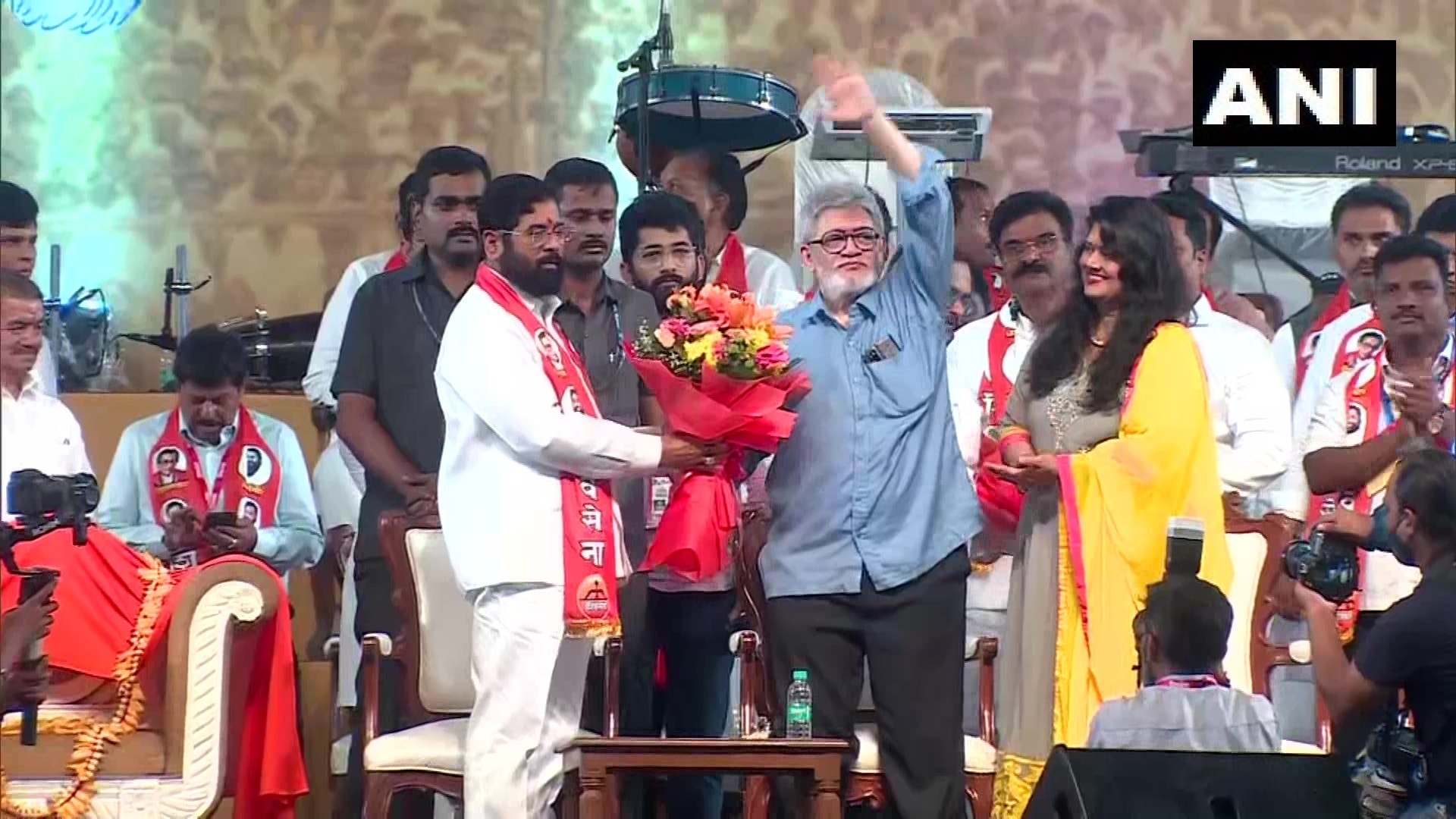 Maharashtra CM Eknath Shinde with Balasaheb Thackeray's son Jaidev Thackeray at the Dussehra rally at the BKC ground on Wednesday. (ANI) Maharashtra CM Eknath Shinde with Balasaheb Thackeray's son Jaidev Thackeray at the Dussehra rally at the BKC ground on Wednesday. (ANI)