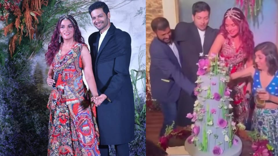 Richa Chadha and Ali Fazal celebrated their wedding reception with a huge grey and purple cake. Richa Chadha and Ali Fazal celebrated their wedding reception with a huge grey and purple cake. 