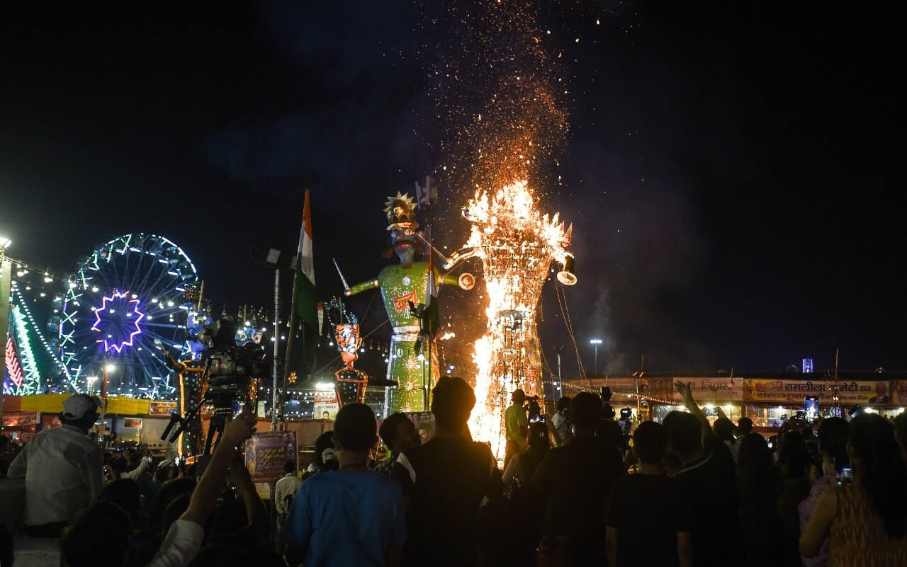 An effigy of Ravana goes up in flames marking the end of the Dussehra festival during Dussehra celebrations, at Luv Kush Ram Lila Committee in Ramlila ground, in New Delhi, India, on Wednesday, October 5, 2022. (Photo by Raj K Raj/ Hindustan Times) An effigy of Ravana goes up in flames marking the end of the Dussehra festival during Dussehra celebrations, at Luv Kush Ram Lila Committee in Ramlila ground, in New Delhi, India, on Wednesday, October 5, 2022. (Photo by Raj K Raj/ Hindustan Times)