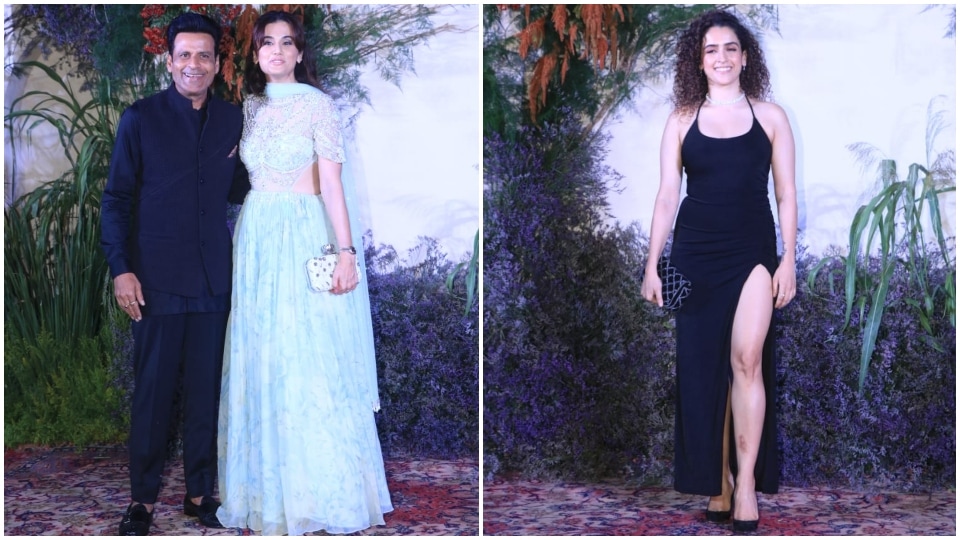 Taapsee Pannu, Manoj Bajpayee and Sanya Malhotra pose at Richa Chadha and Ali Fazal-reception party.&nbsp;(HT Photo/Varinder Chawla)