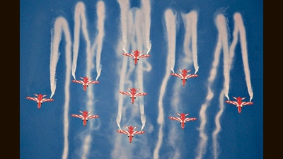 Indian Air Force’s Suryakiran aerobatics team performing during the rehearsal ahead the 90th Indian Air Force Day celebrations at Sukhna Lake on Thursday. (Ravi Kumar/HT)