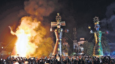 The “Ravana Dehan” took place on Dussehra Ground, Sector 12 A Community Centre, Ramlila Maidan, New Colony grounds and Sector 5 among others, and included pyrotechnic displays, besides light shows, processions, dance and musical performances. (Parveen Kumar/HT Photo) The “Ravana Dehan” took place on Dussehra Ground, Sector 12 A Community Centre, Ramlila Maidan, New Colony grounds and Sector 5 among others, and included pyrotechnic displays, besides light shows, processions, dance and musical performances. (Parveen Kumar/HT Photo)