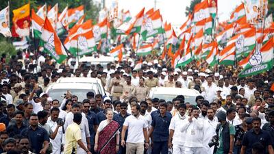 Congress chief Sonia Gandhi with Rahul Gandhi leading the Bharat Jodo Yatra, in Mandya on Thursday. (Congress Twitter/ANI) Congress chief Sonia Gandhi with Rahul Gandhi leading the Bharat Jodo Yatra, in Mandya on Thursday. (Congress Twitter/ANI)