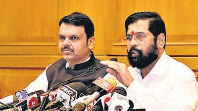 Mumbai, India - July 16, 2022: Dy CM Devendra Fadnavis and CM Eknath Shinde interact with media during a press conference at Sahyadri Guest House, in Mumbai, India, on Saturday, July 16, 2022. (HT Photo / Hindustan Times) (Hindustan Times) Mumbai, India - July 16, 2022: Dy CM Devendra Fadnavis and CM Eknath Shinde interact with media during a press conference at Sahyadri Guest House, in Mumbai, India, on Saturday, July 16, 2022. (HT Photo / Hindustan Times) (Hindustan Times)