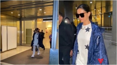 Deepika Padukone’s monochrome pajamas, blue jacket is all about comfy flying (Instagram/@varindertchawla) Deepika Padukone’s monochrome pajamas, blue jacket is all about comfy flying (Instagram/@varindertchawla)