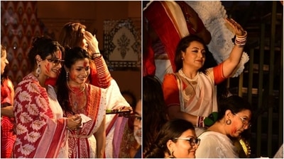 Rani Mukerji, Kajol and Tanishaa Mukerji's sindoor khela diaries. All pics (HT Photos/Varinder Chawla) Rani Mukerji, Kajol and Tanishaa Mukerji's sindoor khela diaries. All pics (HT Photos/Varinder Chawla)