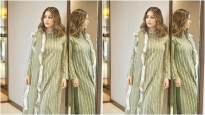 Hina wore her shoulder-length tresses open in soft wavy curls with a side part as she posed for the pictures. (Instagram/@realhinakhan) Hina wore her shoulder-length tresses open in soft wavy curls with a side part as she posed for the pictures. (Instagram/@realhinakhan)
