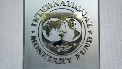 The International Monetary Fund logo is seen at IMF headquarters in Washington, US. (Reuters)