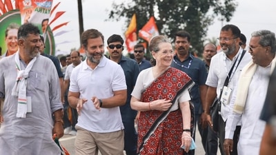 Congress also tweeted on interim president's presence in the march and said “Those shielded by love fear nothing! On the road, marching ahead.” (Twitter/@INCIndia) Congress also tweeted on interim president's presence in the march and said “Those shielded by love fear nothing! On the road, marching ahead.” (Twitter/@INCIndia)