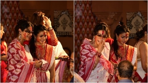 Kajol and Tanishaa were spotted engaging in sindoor khela together. (HT Photos/Varinder Chawla)