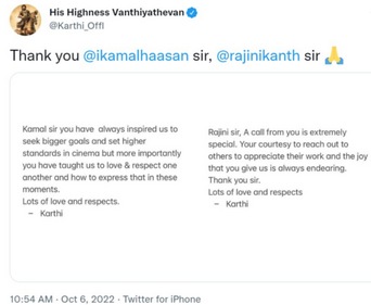 Karthi pens thank you notes for Kamal Haasan and Rajinikanth. Karthi pens thank you notes for Kamal Haasan and Rajinikanth.