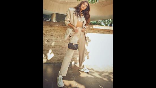 Pooja Hegde poses in a beige pantsuit set (Photo: Instagram)