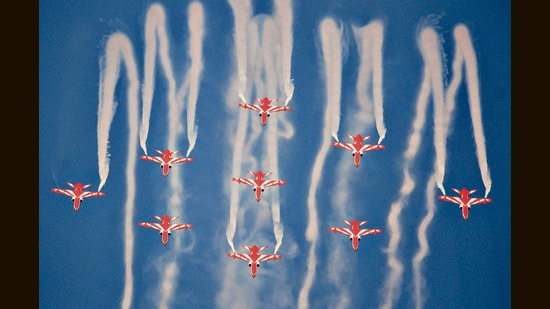 Indian Air Force’s Suryakiran aerobatics team performing during the rehearsal ahead the 90th Indian Air Force Day celebrations at Sukhna Lake on Thursday. (Ravi Kumar/HT)