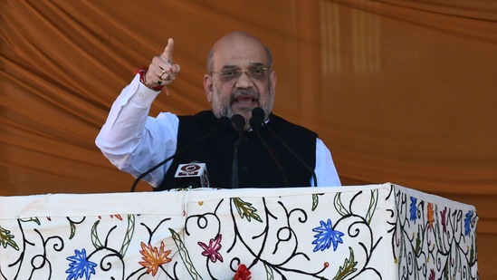 Home Minister Amit Shah addresses a public rally in Baramulla district, North Kashmir, on Wednesday, October 05, 2022. (Photo By Waseem Andrabi/ Hindustan Times)