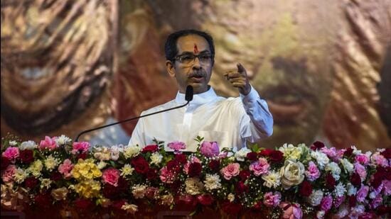 Mumbai, India - May 14, 2021: Maharashtra Chief Minister Uddhav Thackeray addresses Shiv Sena rally at MMRDA Grounds, Bandra-Kurla Complex (BKC), in Mumbai, India, on Saturday, May 14, 2021. (Photo by Pratik Chorge/Hindustan Times) (Pratik Chorge/HT PHOTO)