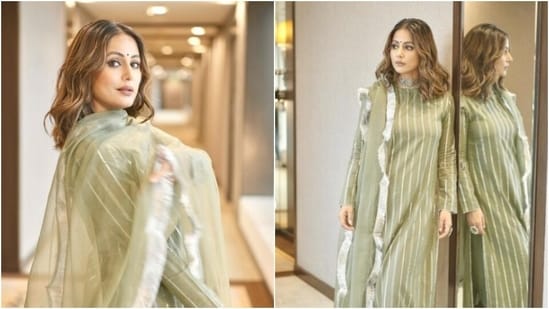 Hina Khan is on a spree of sharing snippets from her ethnic fashion diaries. The actor, who is an absolute fashionista, shared a slew of pictures from her best-dressed diaries on her Instagram profile on Thursday and drove our midweek blues away. Post-Navratri, Hina is celebrating the aftertaste of the festive season in an ethnic ensemble.(Instagram/@realhinakhan)