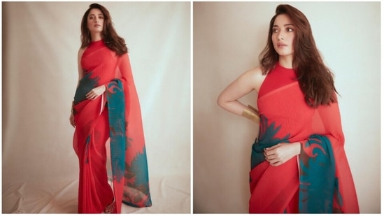 Tamannaah Bhatia wore a red crepe saree from the collection of designer Payal Khandwala for one of her earlier photoshoot.(Instagram/@tamannaahspeaks)
