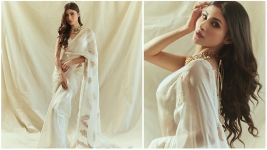 Mouni Roy celebrated her first Durga Puja this year after her marriage. The actor keeps never leaves an opportunity to wear traditional attire, especially sarees. For the occasion of Vijayadashami which was observed on October 5, the Brahmastra actor kept it simple yet elegant in a white sheer saree.(Instagram/@imouniroy)