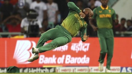 South Africa captain Temba Bavuma takes the catch to dismiss Kuldeep Yadav during the first ODI in Lucknow(AP)
