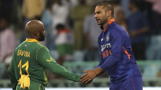 South Africa's captain Temba Bavuma shake hands with India captain Shikhar Dhawan after the first ODI(AP)