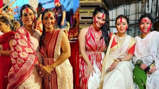 Kajol,&nbsp;Tanishaa Mukerji and Rani Mukerji at the Durga puja pandal.