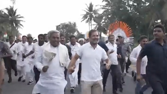 75-year-old Siddaramaiah was all smiles when Rahul Gandhi held his hands and invited him for a short run.