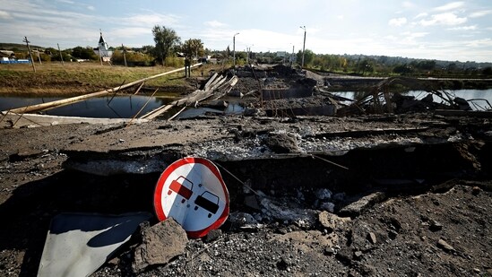 Russia-Ukraine War: A view of the ruins of the bridge that was destroyed during the fighting between Russian troops and Ukrainian army in Bakhmut, Donetsk region.(Reuters)