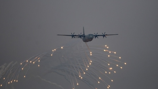 Air warriors demonstrate their skills during the full-dress rehearsal of the 90th Indian Air Force Day celebration at the Indian Air Force station in Chandigarh on Thursday. (Ravi Kumar/ HT Photo)