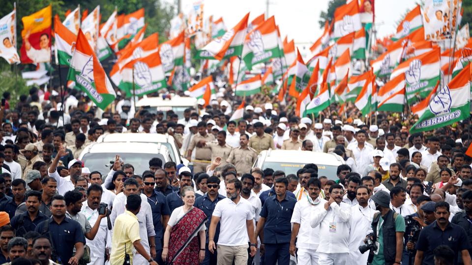 Congress chief Sonia Gandhi with Rahul Gandhi leading the Bharat Jodo Yatra, in Mandya on Thursday. (Congress Twitter/ANI) Congress chief Sonia Gandhi with Rahul Gandhi leading the Bharat Jodo Yatra, in Mandya on Thursday. (Congress Twitter/ANI)