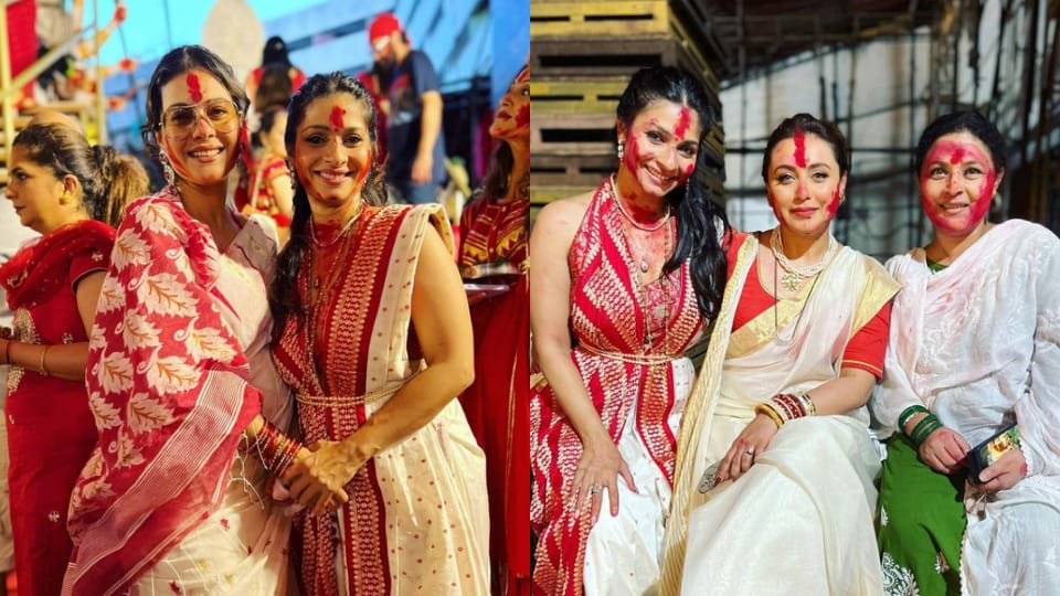 Kajol,&nbsp;Tanishaa Mukerji and Rani Mukerji at the Durga puja pandal.