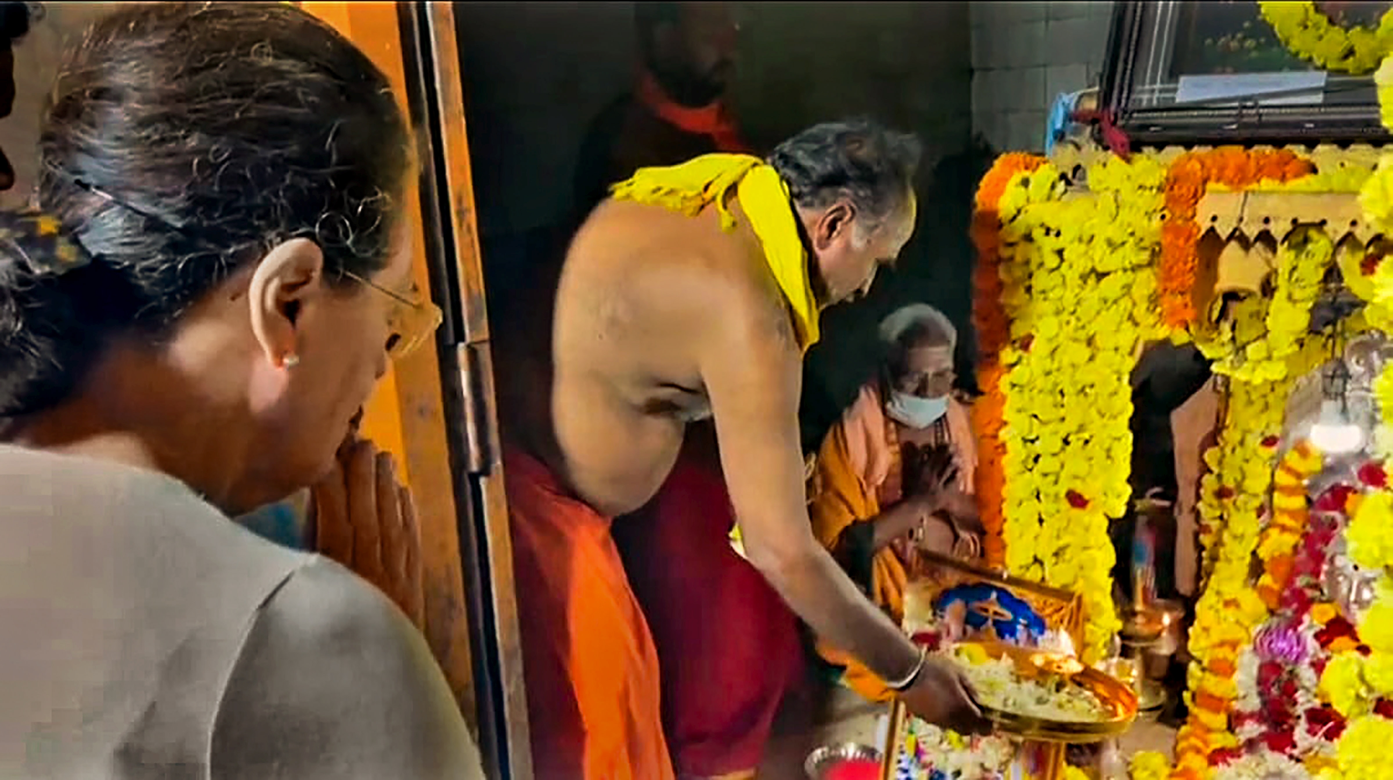 Mysuru: Congress interim President Sonia Gandhi offers prayers at the Bheemanakolli Temple on the occasion of 'Dussehra', in Mysuru district, Wednesday, Oct. 5, 2022. (PTI Photo)
(PTI10_05_2022_000161B) (PTI) Mysuru: Congress interim President Sonia Gandhi offers prayers at the Bheemanakolli Temple on the occasion of 'Dussehra', in Mysuru district, Wednesday, Oct. 5, 2022. (PTI Photo)
(PTI10_05_2022_000161B) (PTI)