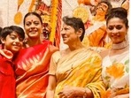 Kajol with Yug Devgn, Tanuja, Tanishaa Mukerji and Rani Mukerji from Durga puja celebrations. Kajol with Yug Devgn, Tanuja, Tanishaa Mukerji and Rani Mukerji from Durga puja celebrations.