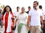 Sister Kavitha and mother Indira of senior journalist Gauri Lankesh march with Congress leader Rahul Gandhi in the Karnataka.