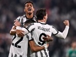 Juventus' Dusan Vlahovic, right, celebrates scoring with teammates(AP) Juventus' Dusan Vlahovic, right, celebrates scoring with teammates(AP)