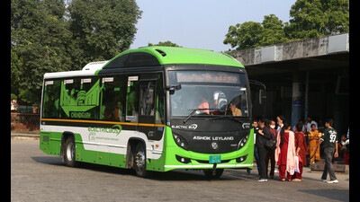 The 40 electric buses which are already plying in Chandigarh have covered around 23 lakh kilometres, saving 4.62 lakh litres of diesel and causing 12.18 lakh kg lesser CO2 emission. (Sanjeev Sharma/HT)