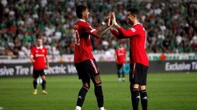 Manchester United's Marcus Rashford, left, celebrates his goal with his teammate Cristiano Ronaldo, right, during the Europa League group E match against Omonia. (AP) Manchester United's Marcus Rashford, left, celebrates his goal with his teammate Cristiano Ronaldo, right, during the Europa League group E match against Omonia. (AP)
