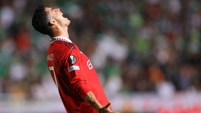 Cristiano Ronaldo reacts during the UEFA Europa League group E football match between Omonia Nicosia and Manchester United at GSP stadium. (AFP)