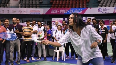 PV Sindhu at the PDDU Indoor Stadium in Surat during the National Games. PV Sindhu at the PDDU Indoor Stadium in Surat during the National Games.